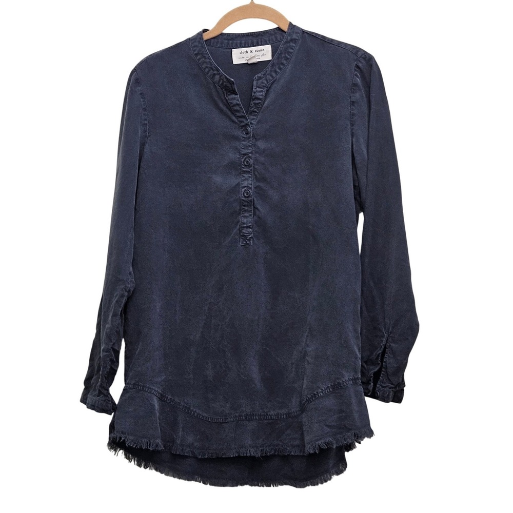 Cloth & Stone Tunic Top Womens XS Navy Blue Tencel Fringe Hem Boho Anthropologie